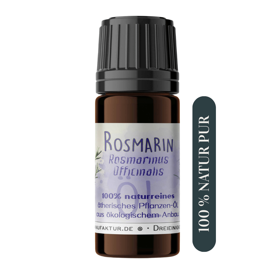 Rosmarinöl-Fläschchen vor zartem lila Aquarellhintergrund