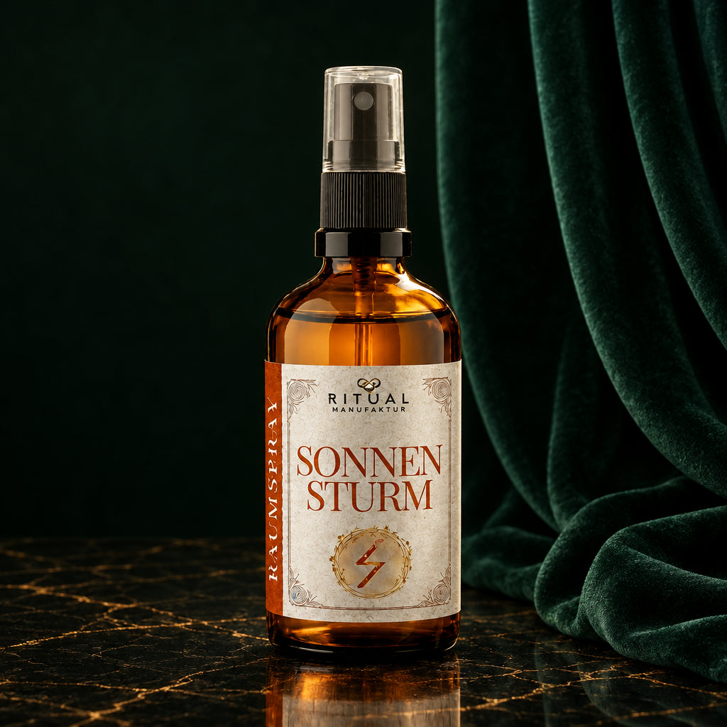 Sonnensturm Energiespray von Ritualmanufaktur – Braunglas-Sprühflasche auf einem Holztisch mit Zitronen und Minze