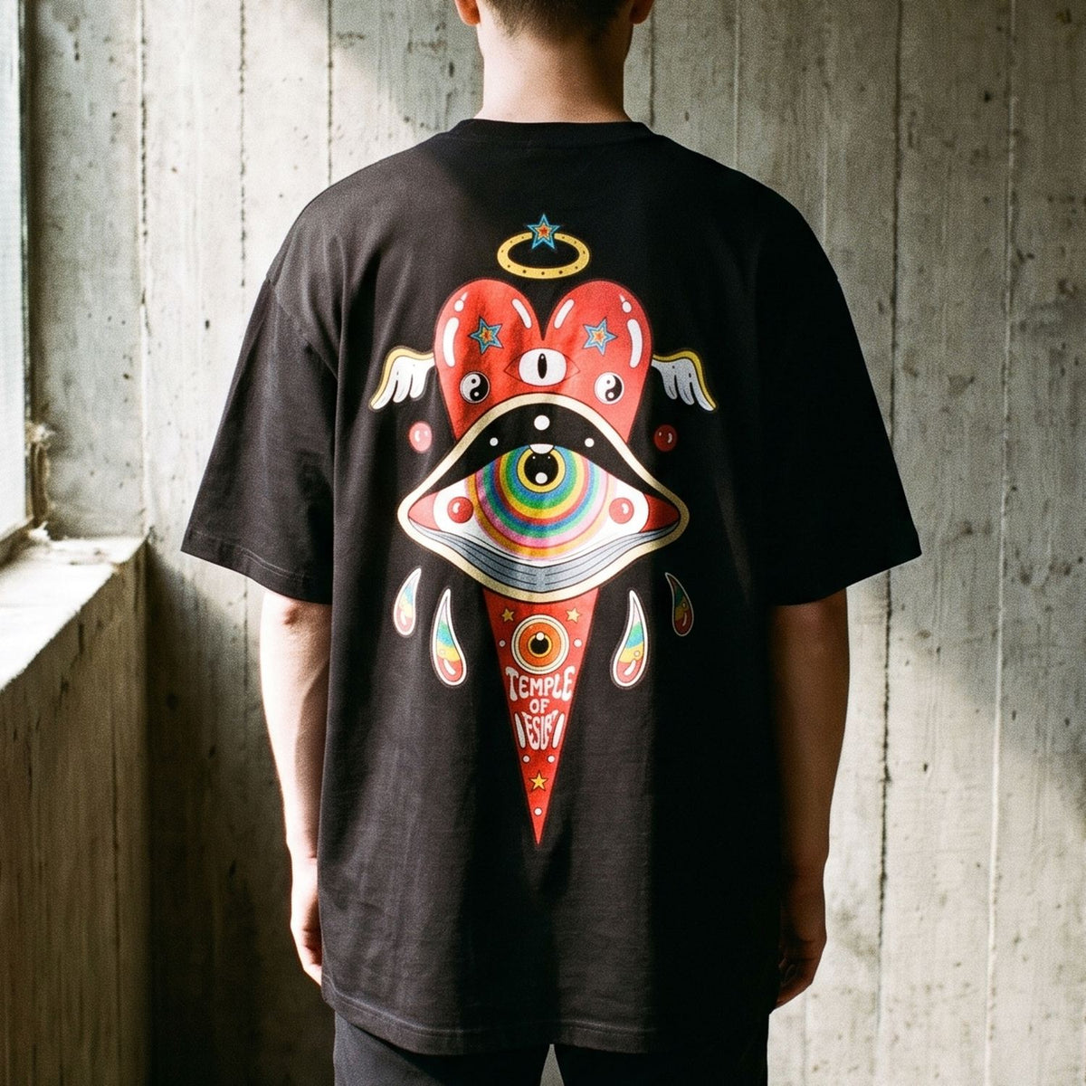 Tausendauge: Rückenprint auf Oversized-T-Shirt in der Nahansicht