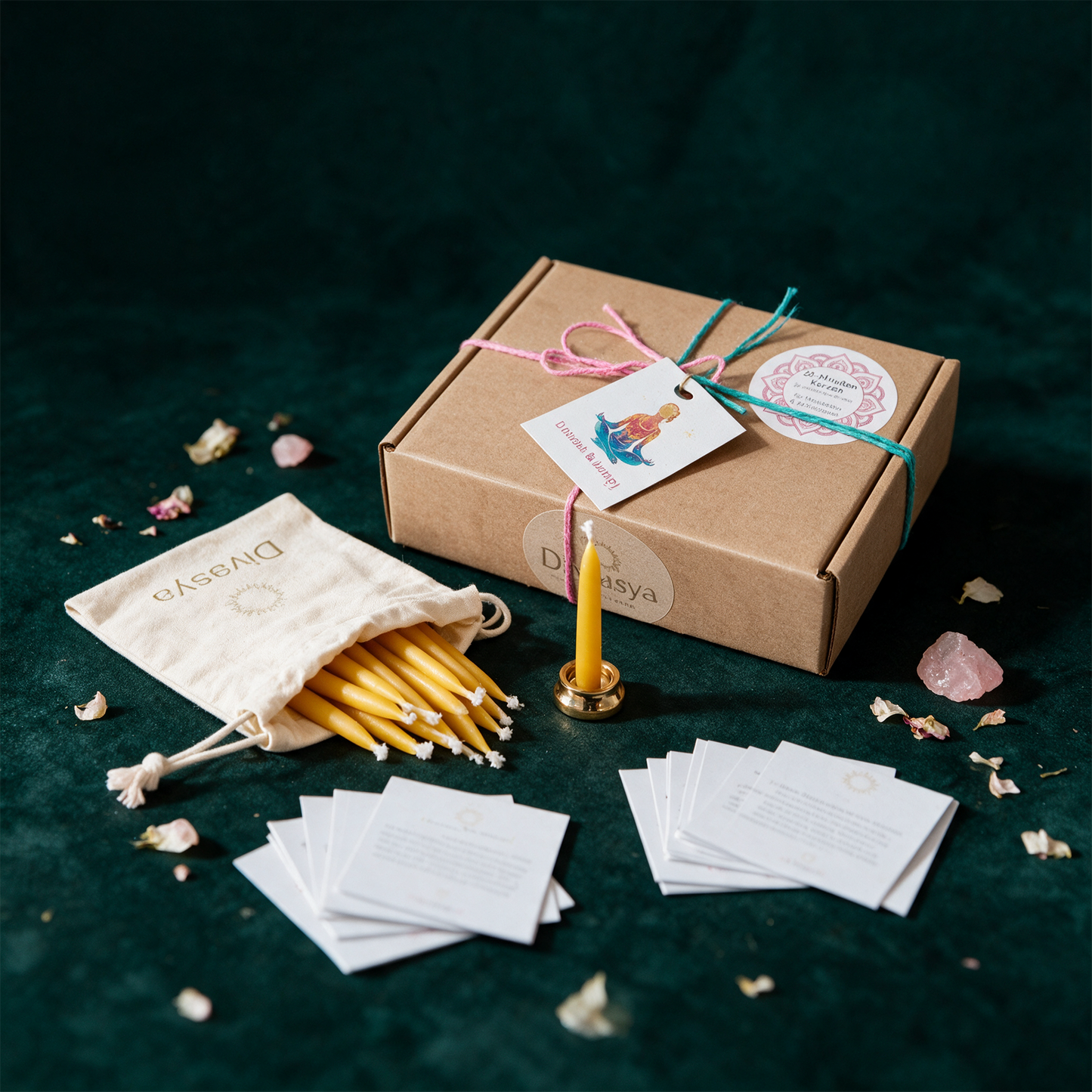 20-Minuten-Kerzen Set | 12 Bienenwachskerzen, Messinghalter & Affirmationskarten – Produktansicht vor tiefem Smaragdgrün