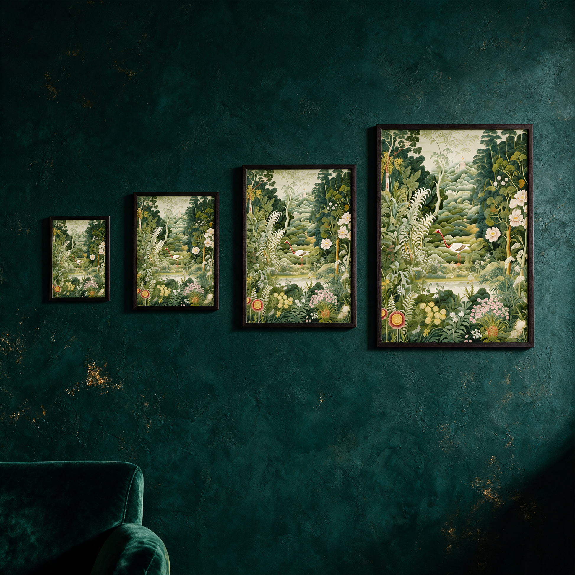 A Poster of green tapestry - A Painting Of A Bird In A Forest – Produktansicht vor tiefem Smaragdgrün