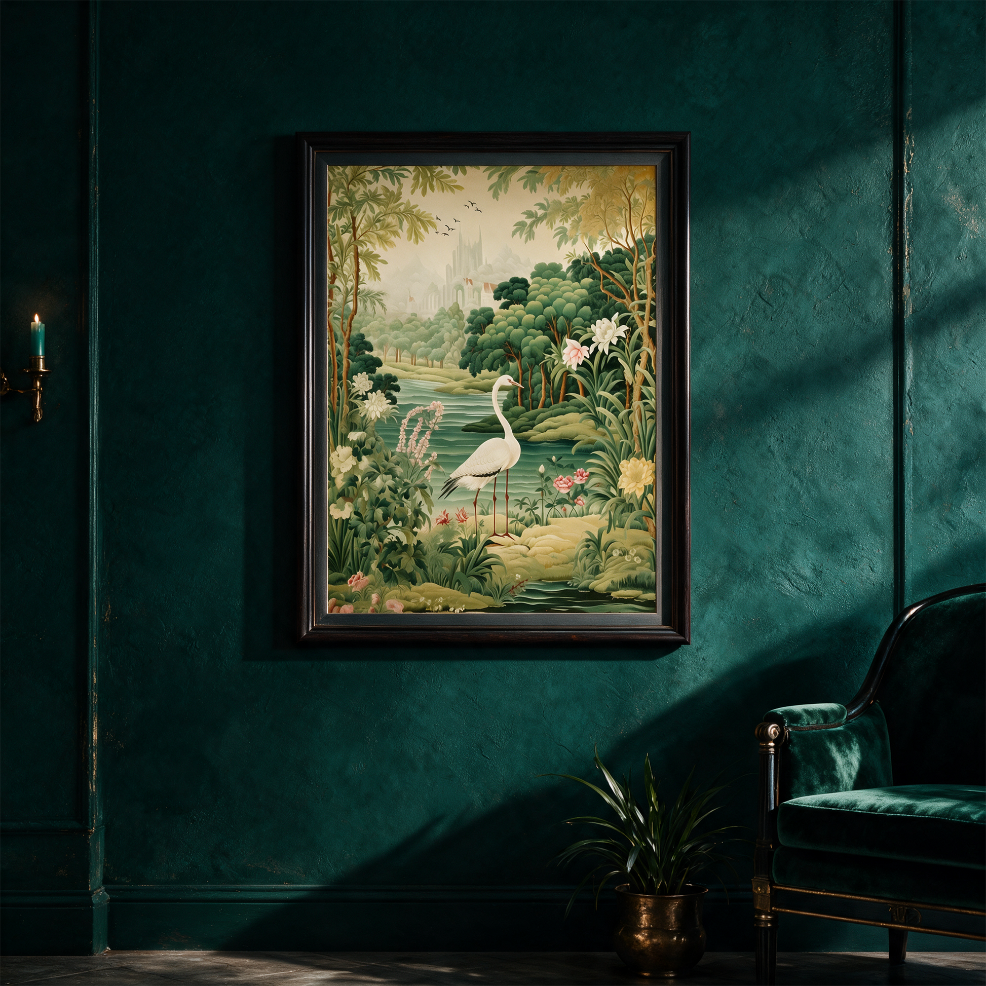 A Poster of green tapestry - A Painting Of A Bird In A Forest – Produktansicht vor tiefem Smaragdgrün
