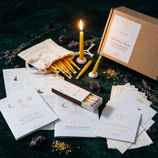 Anti-Stress Geschenkset | 20-Minuten-Ritual mit Kerzen, Affirmationen & Atemübungen – Produktansicht vor tiefem Smaragdgrün