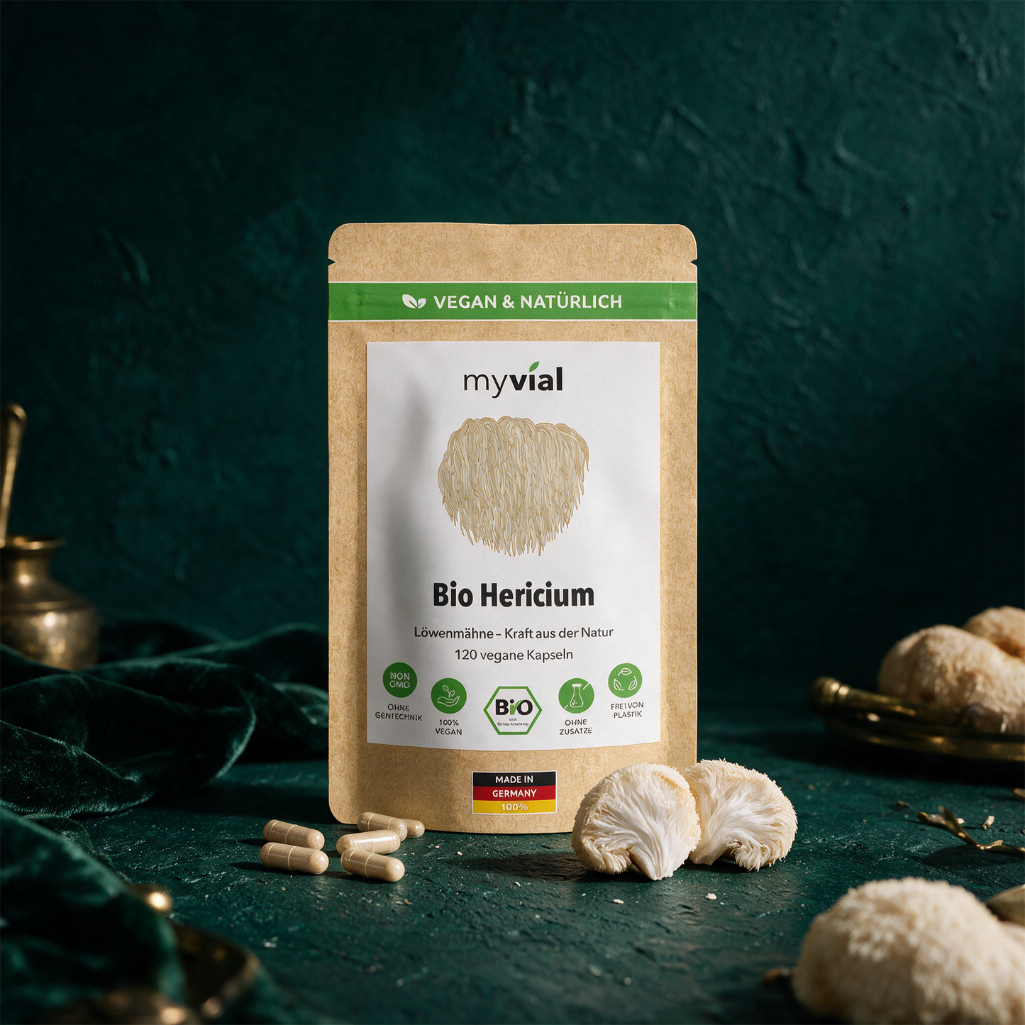 Bio Hericium Kapseln (Lion's Mane) | Vitalpilz für Fokus-Phasen – Anwendung vor tiefem Smaragdgrün