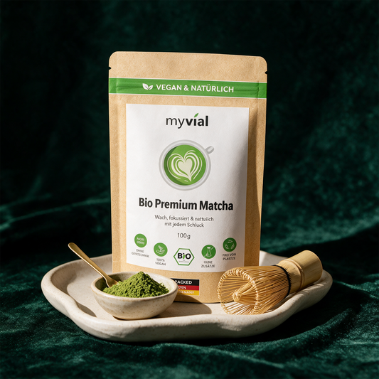 Bio Premium Matcha Pulver | Steingemahlen aus Kagoshima, Japan – Anwendung vor tiefem Smaragdgrün