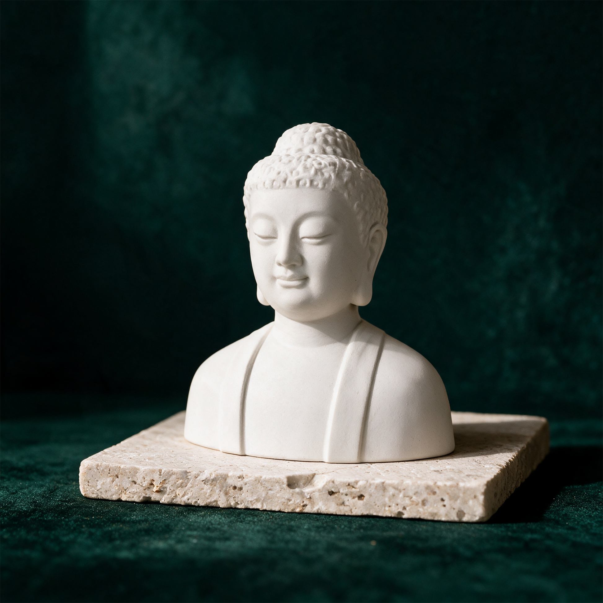 Buddha-Figur vor dunkelgrünem Hintergrund im warmen Kerzenlicht