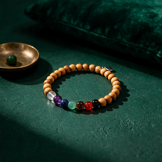 Chakra Armband | 7 echte Edelsteine & Sandelholz – Produktansicht vor tiefem Smaragdgrün