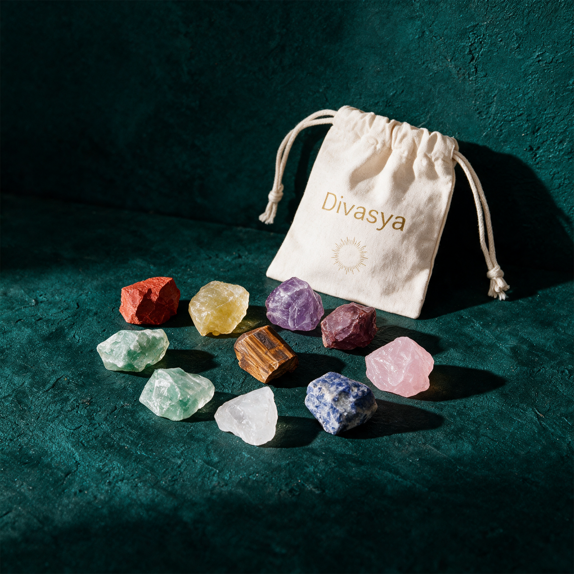 Chakra Steine Set | 8 echte Rohsteine für Meditation & Energiearbeit – Produktansicht vor tiefem Smaragdgrün