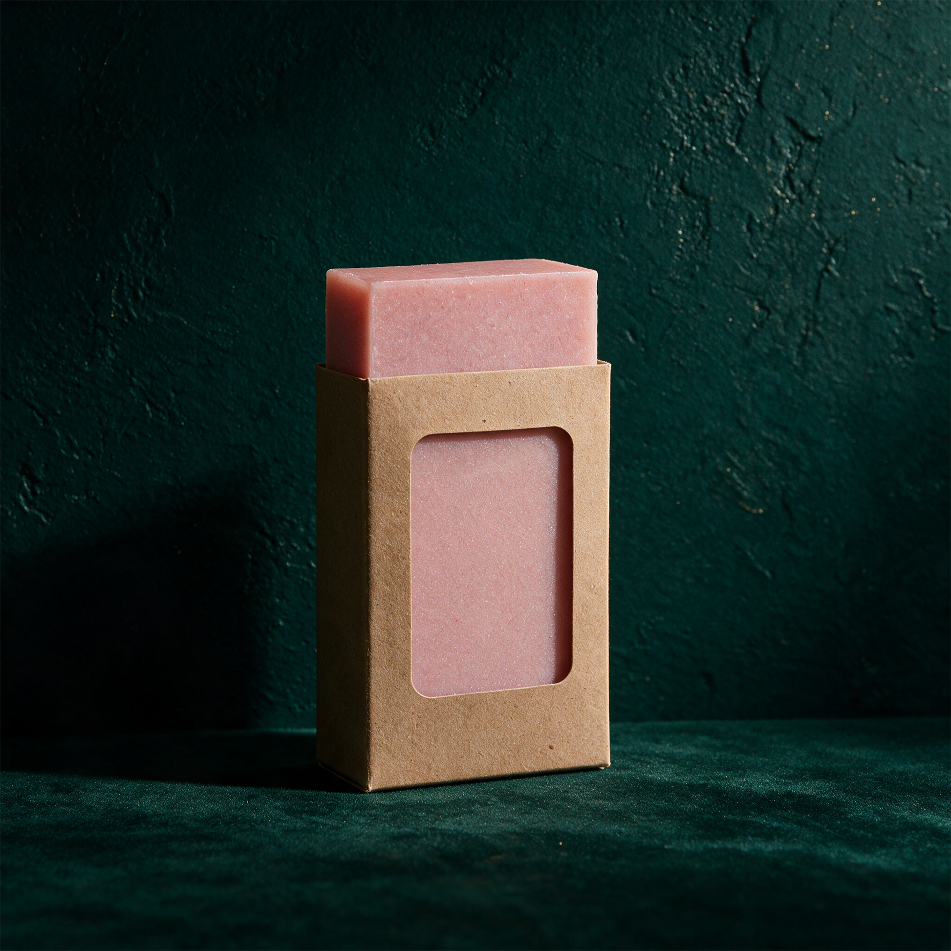 Duschseife Rose 100 g | Handgeschöpft mit rückfettender Formulierung – Produktansicht vor tiefem Smaragdgrün