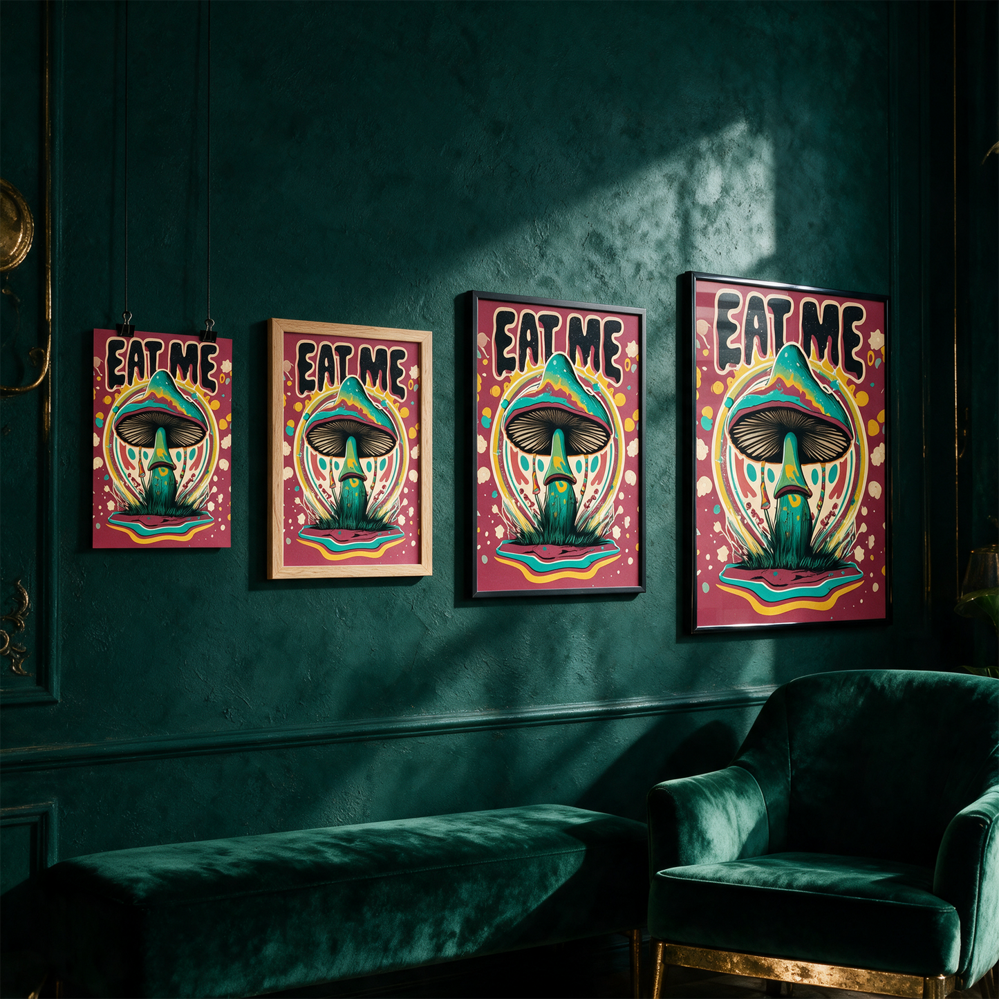 Eat Me - A Colorful Mushroom With Text Art Print – Produktansicht vor tiefem Smaragdgrün