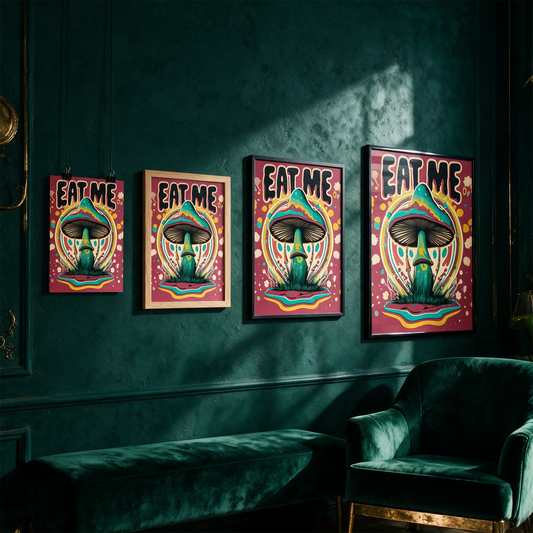Eat Me - A Colorful Mushroom With Text Art Print – Produktansicht vor tiefem Smaragdgrün