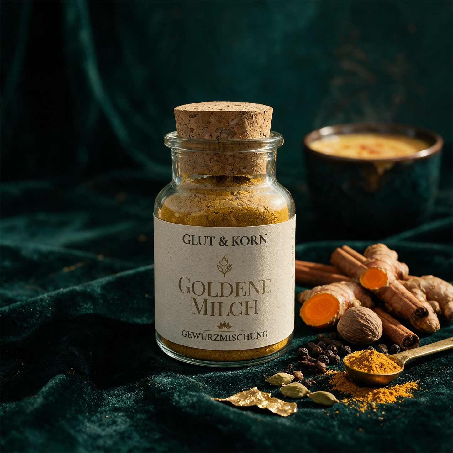 Goldene Milch Kurkuma-Latte | Ayurvedische Gewürzmischung ohne Zusatzstoffe – Produktansicht vor tiefem Smaragdgrün