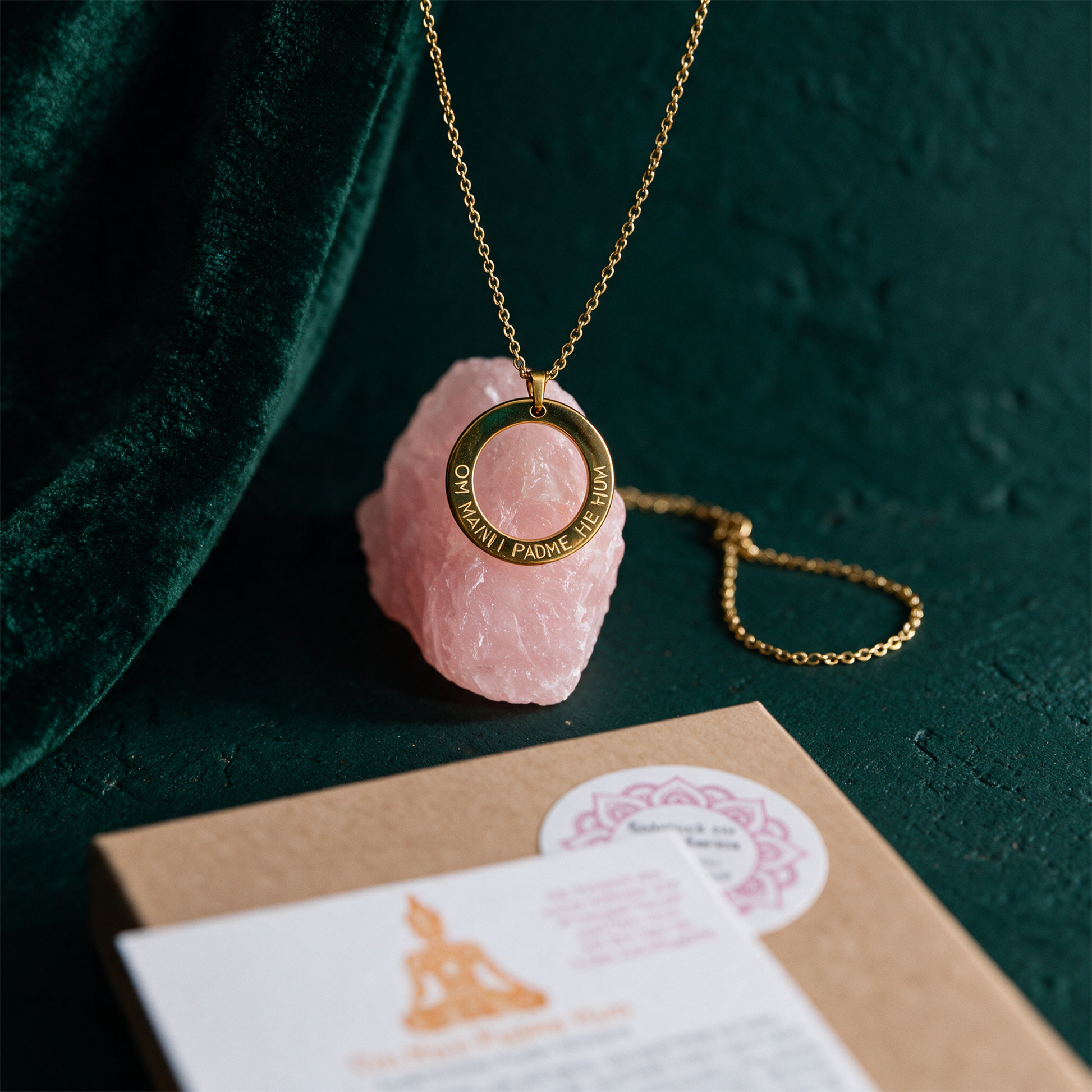 Om Mani Padme Hum Kette | Vergoldet mit Mantra-Gravur – Produktansicht vor tiefem Smaragdgrün