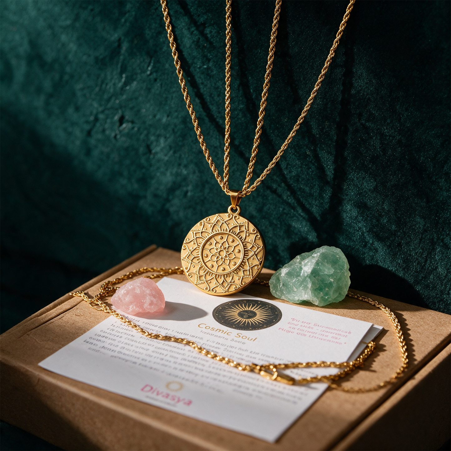 Mandala Kette „I am cosmic“ | Vergoldet mit verdeckter Gravur – Produktansicht vor tiefem Smaragdgrün