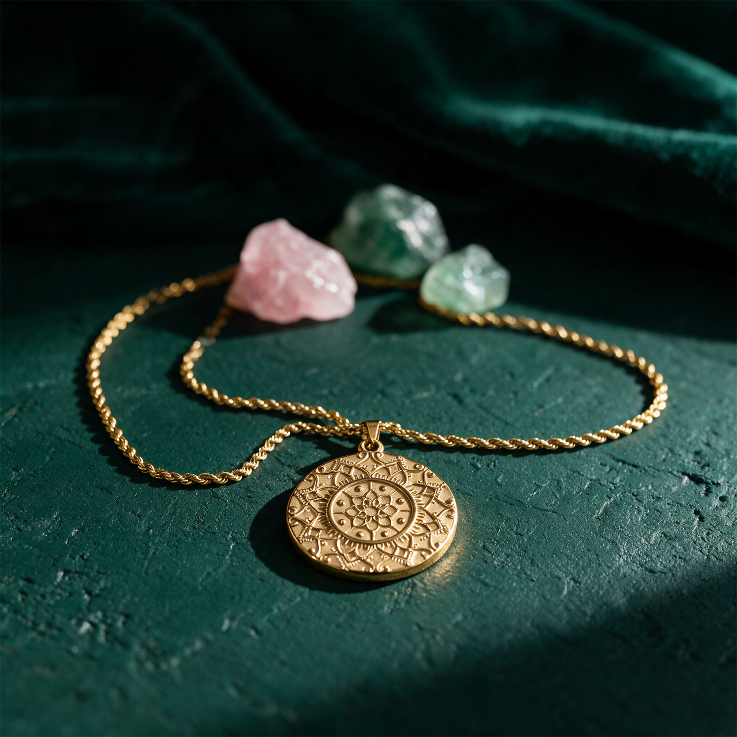 Mandala Kette 'I am loved' | Vergoldet & graviert – Produktansicht vor tiefem Smaragdgrün