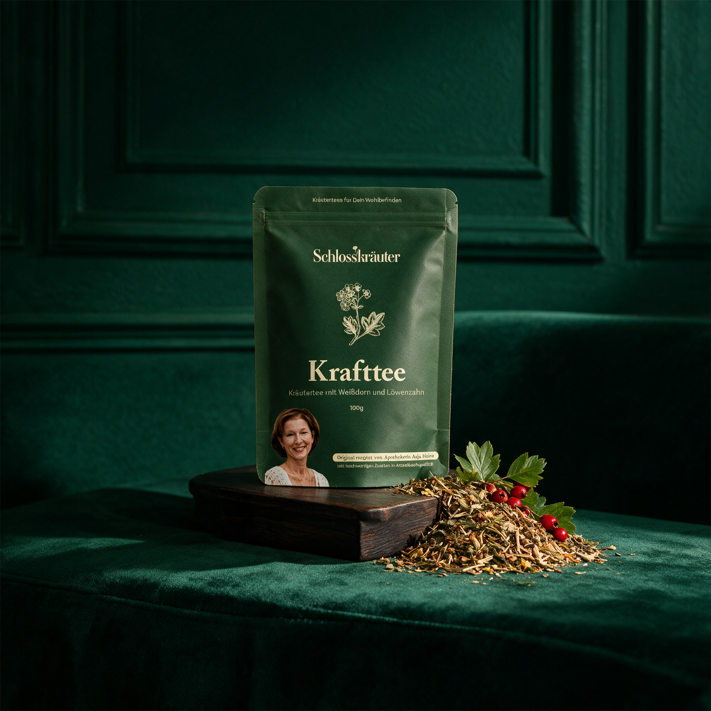 Krafttee – Produktansicht vor tiefem Smaragdgrün