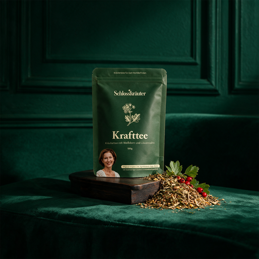 Krafttee – Produktansicht vor tiefem Smaragdgrün