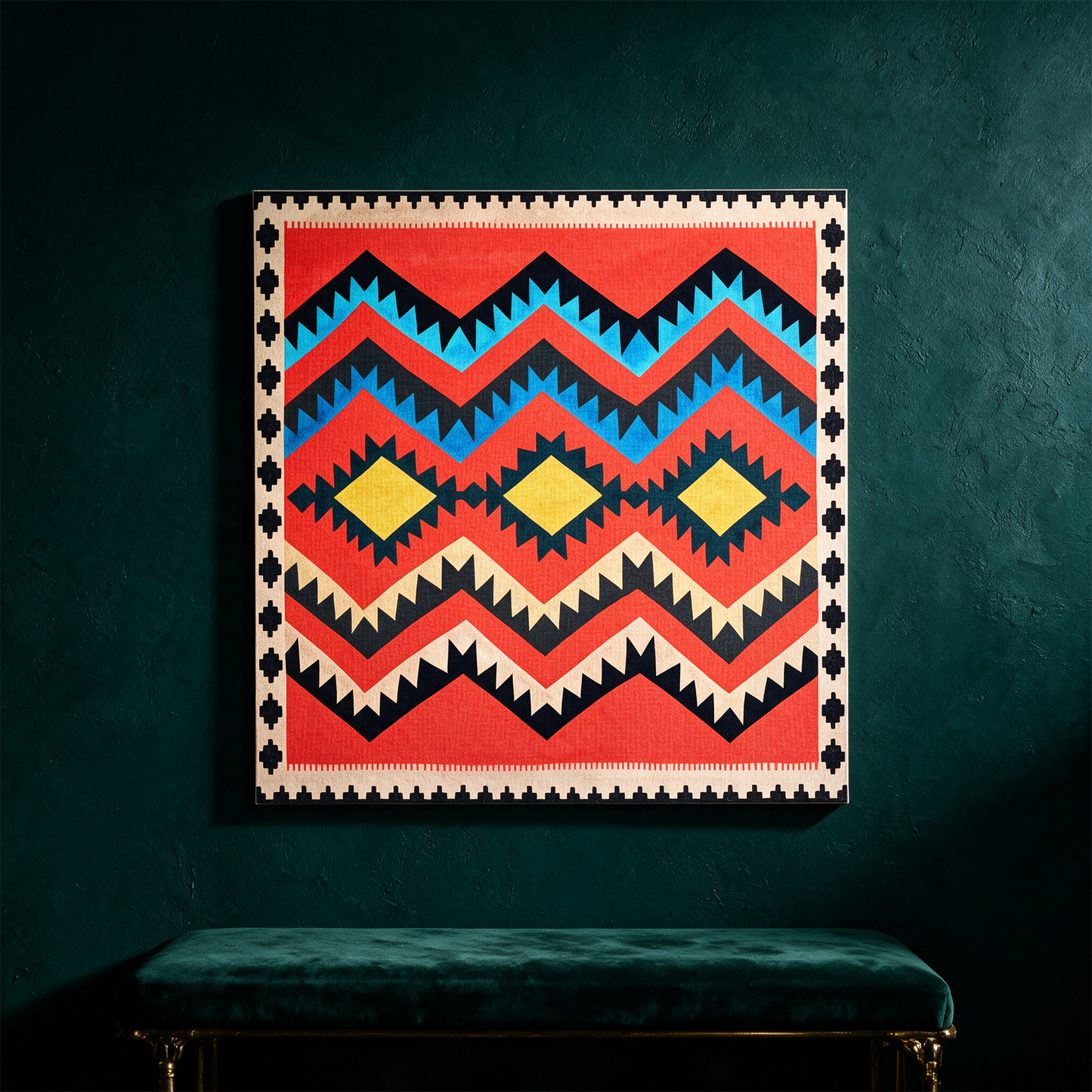 Kunstdruck Kilim Classic rot | Anatolische Boho-Wandkunst – Produktansicht vor tiefem Smaragdgrün