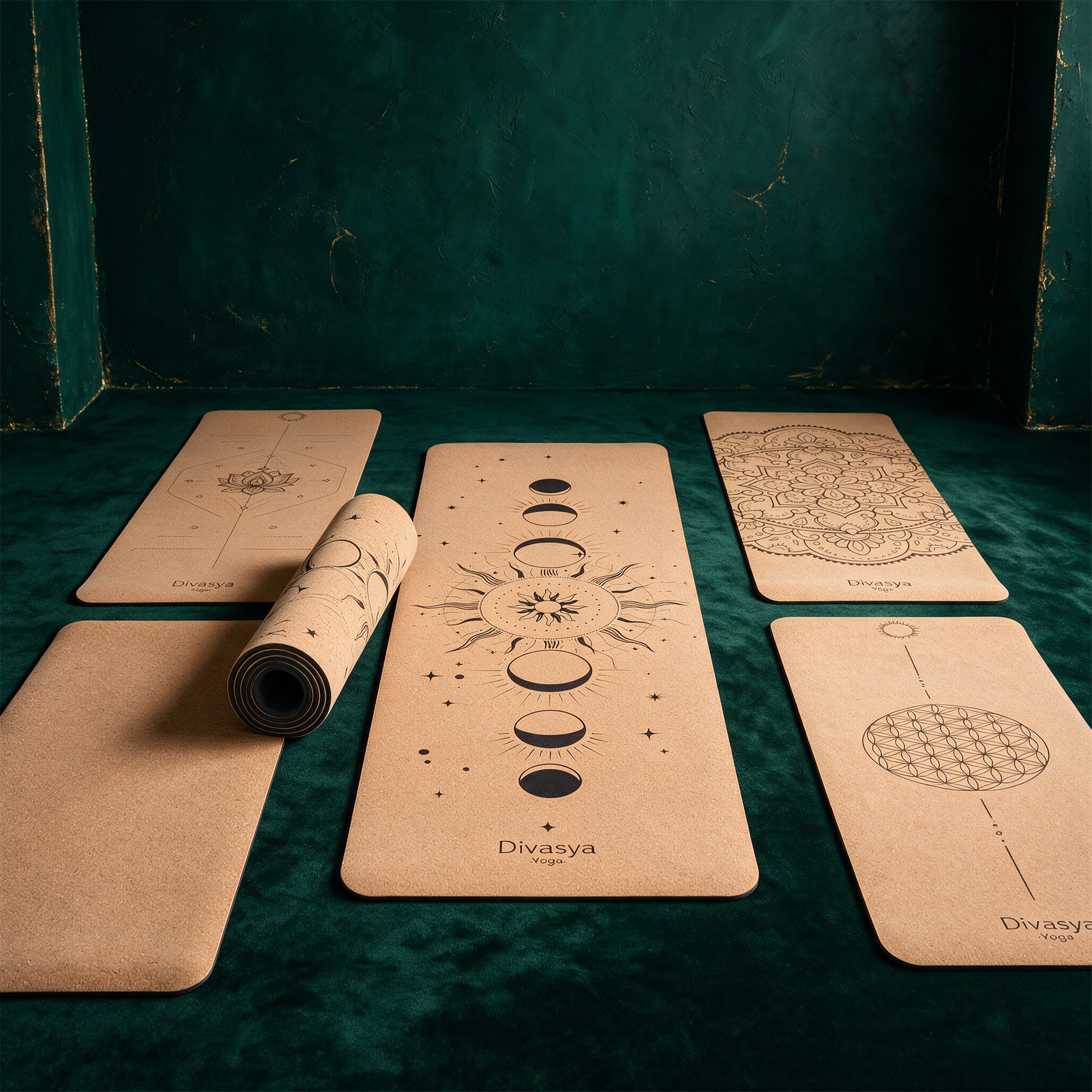 Leichte Kork-Yogamatte | Kork & TPE, 183 × 61 cm, nur 900 g – Produktansicht vor tiefem Smaragdgrün
