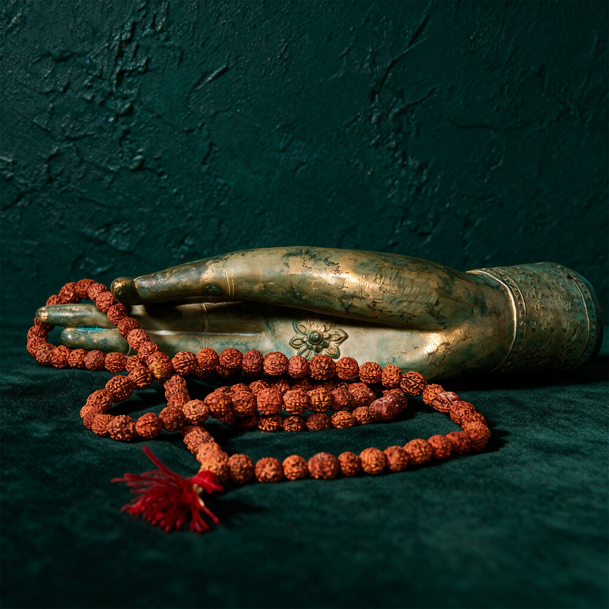 Mala Rudraksha – Produktansicht vor tiefem Smaragdgrün