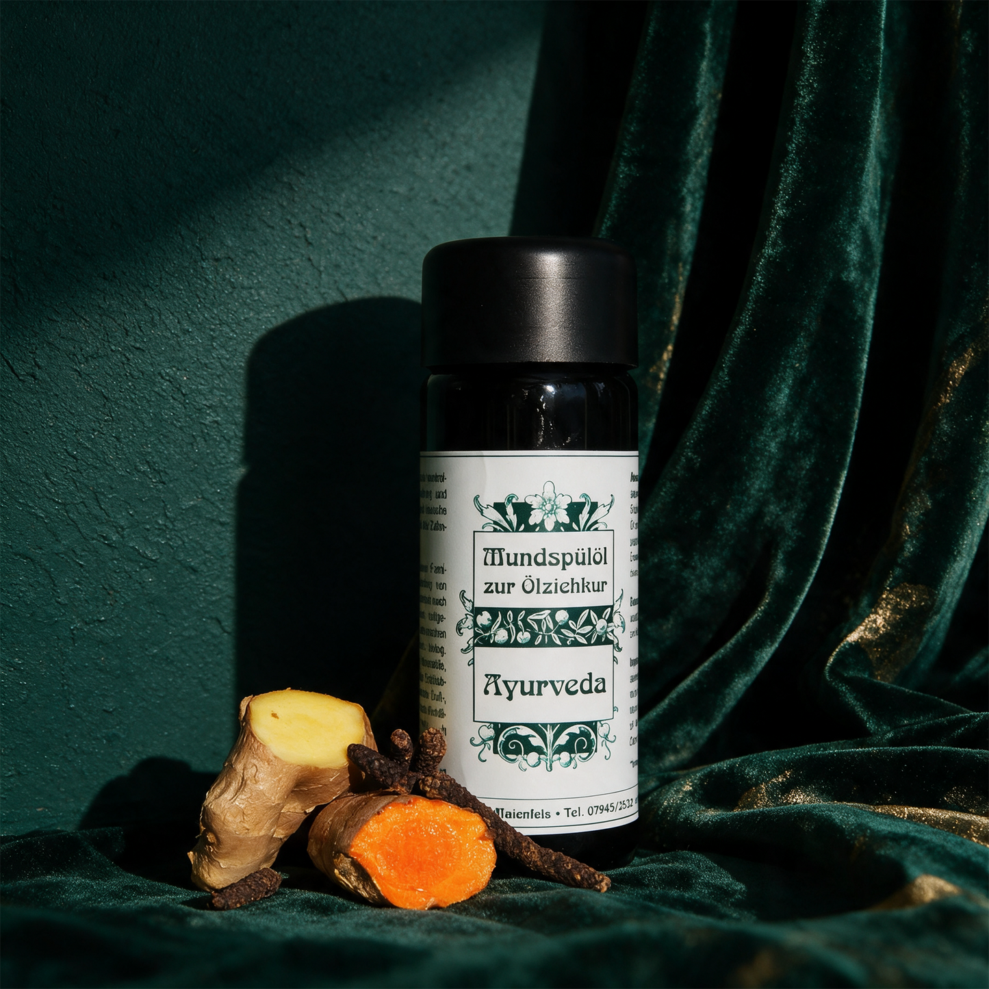 Ayurveda Mundspülöl frontal vor tiefgrünem Hintergrund