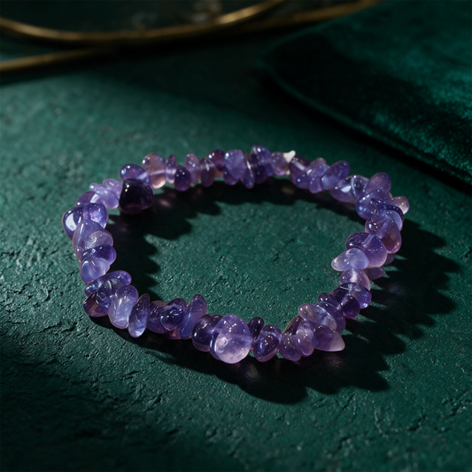 Naturstein Armband Amethyst | Edelstein-Armband für Klarheit & Ruhe – Produktansicht vor tiefem Smaragdgrün