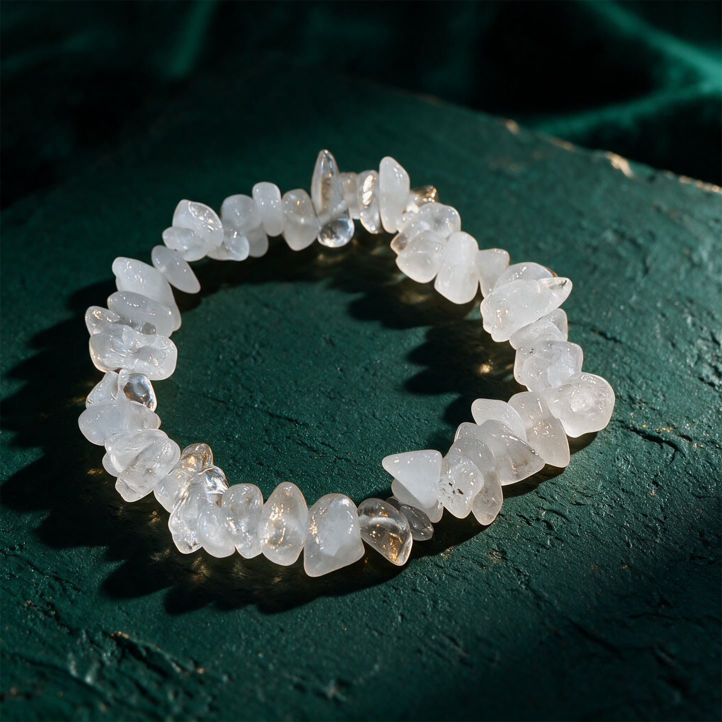 Naturstein Armband Bergkristall | Edelstein-Armband für Klarheit – Anwendung vor tiefem Smaragdgrün