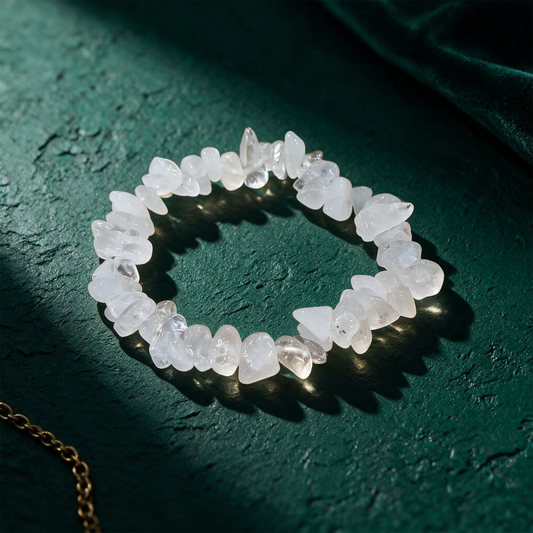 Naturstein Armband Bergkristall | Edelstein-Armband für Klarheit – Produktansicht vor tiefem Smaragdgrün