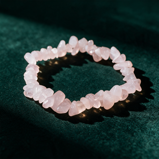 Naturstein Armband Rosenquarz | Edelstein-Armband für Herz & Harmonie – Anwendung vor tiefem Smaragdgrün