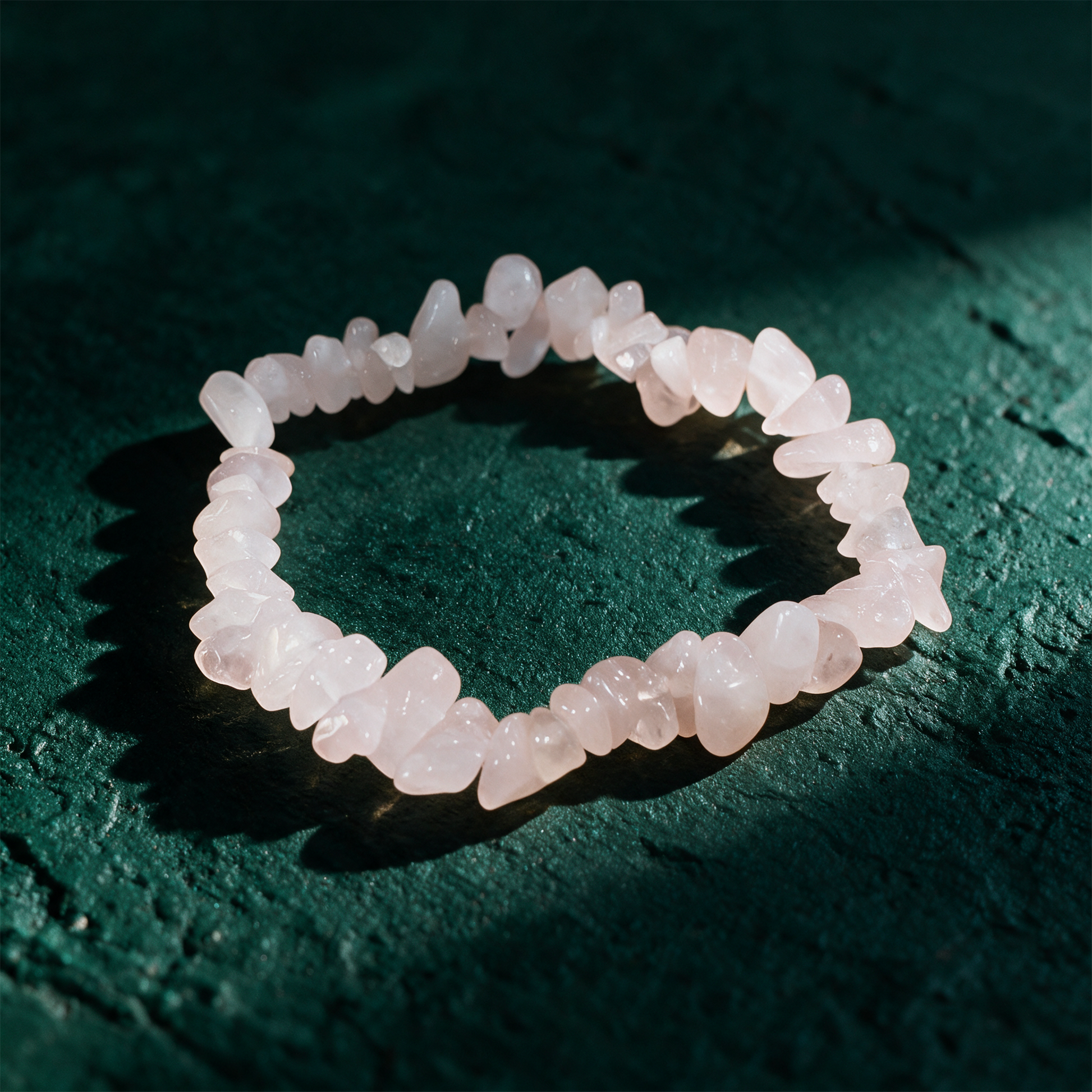 Naturstein Armband Rosenquarz | Edelstein-Armband für Herz & Harmonie – Produktansicht vor tiefem Smaragdgrün