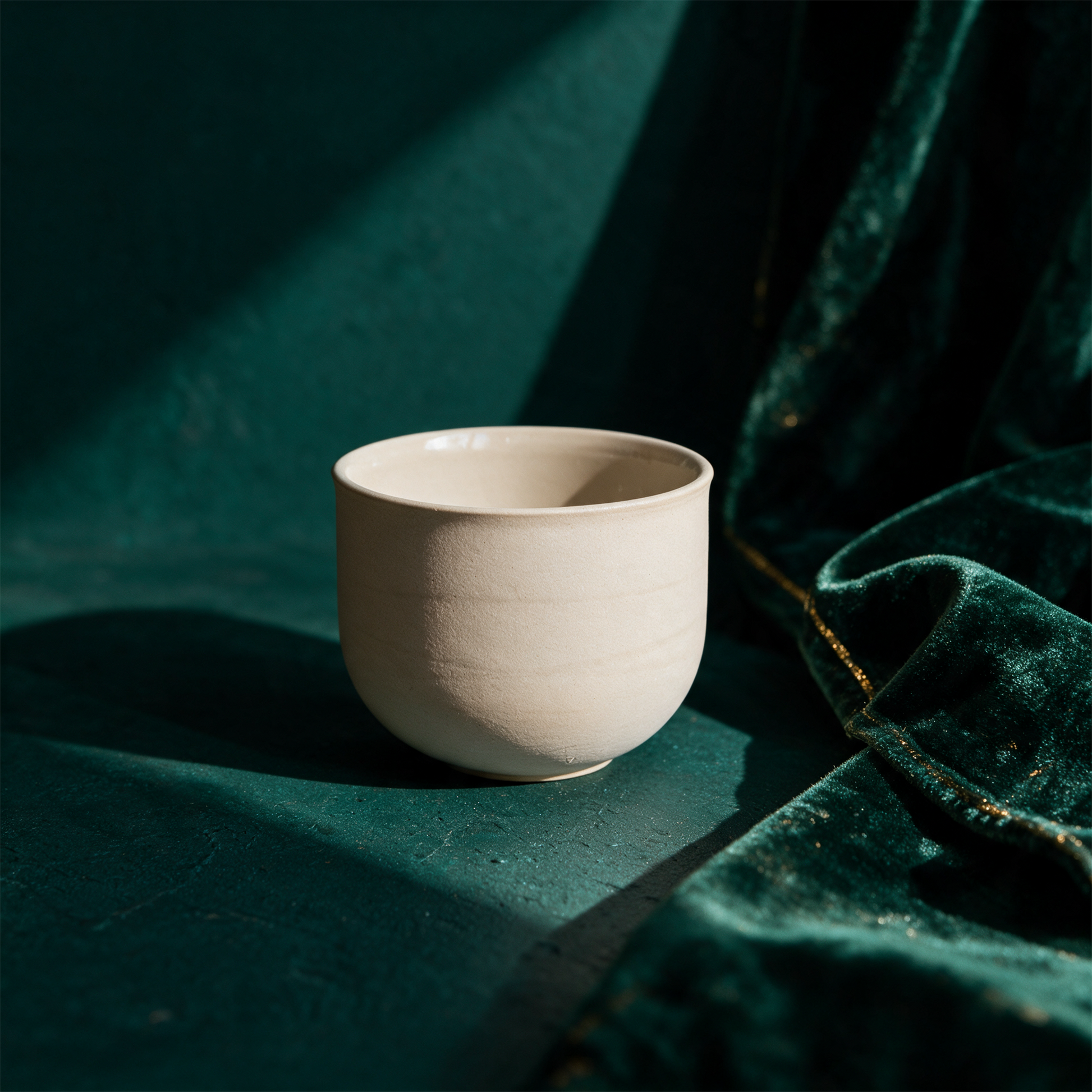 OCHA Teetasse beige – Anwendung vor tiefem Smaragdgrün