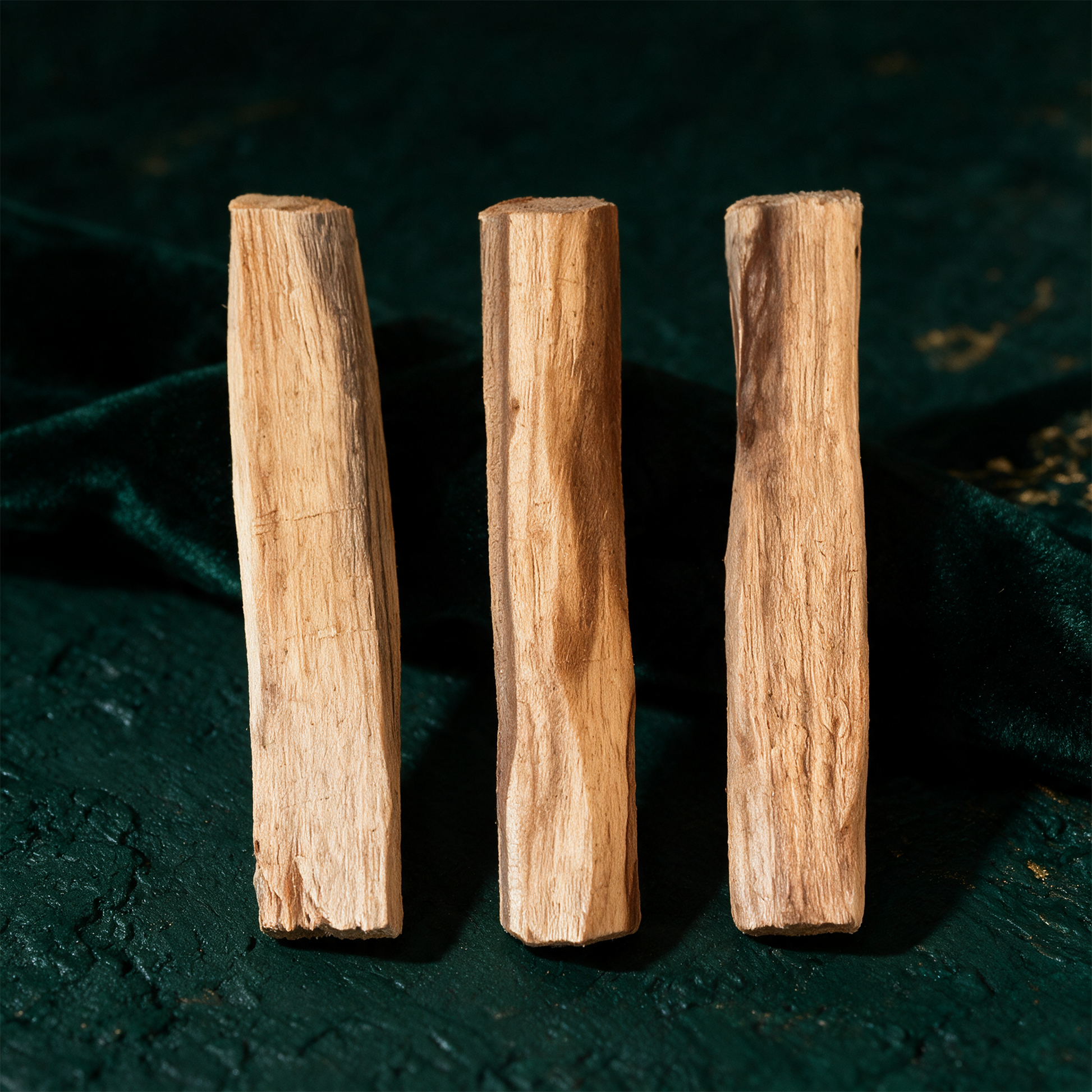 Palo Santo 3er Set | Heiliges Räucherholz aus Peru – Detailansicht vor tiefem Smaragdgrün