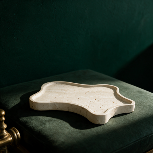 Patera Travertin Tablett | Handgefertigte Naturstein-Ablage 25×22 cm – Produktansicht vor tiefem Smaragdgrün