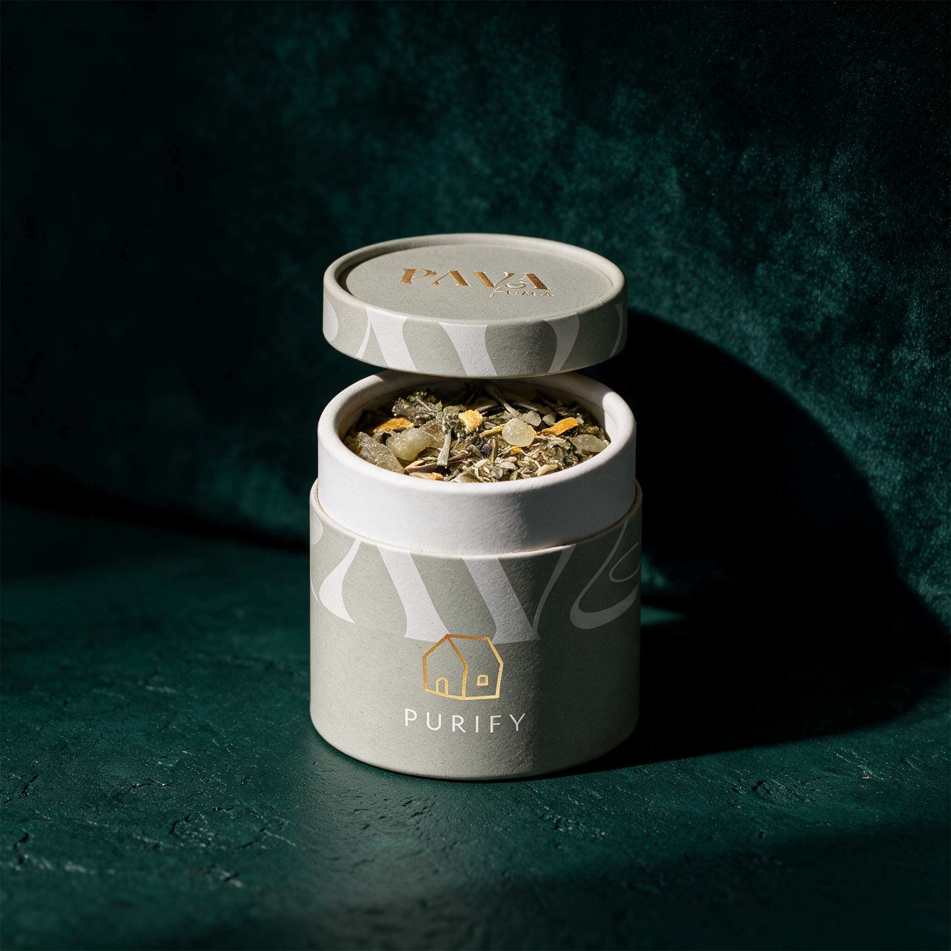 Purify Räuchermischung | Weißer Salbei, Beifuß & Weihrauch – Produktansicht vor tiefem Smaragdgrün