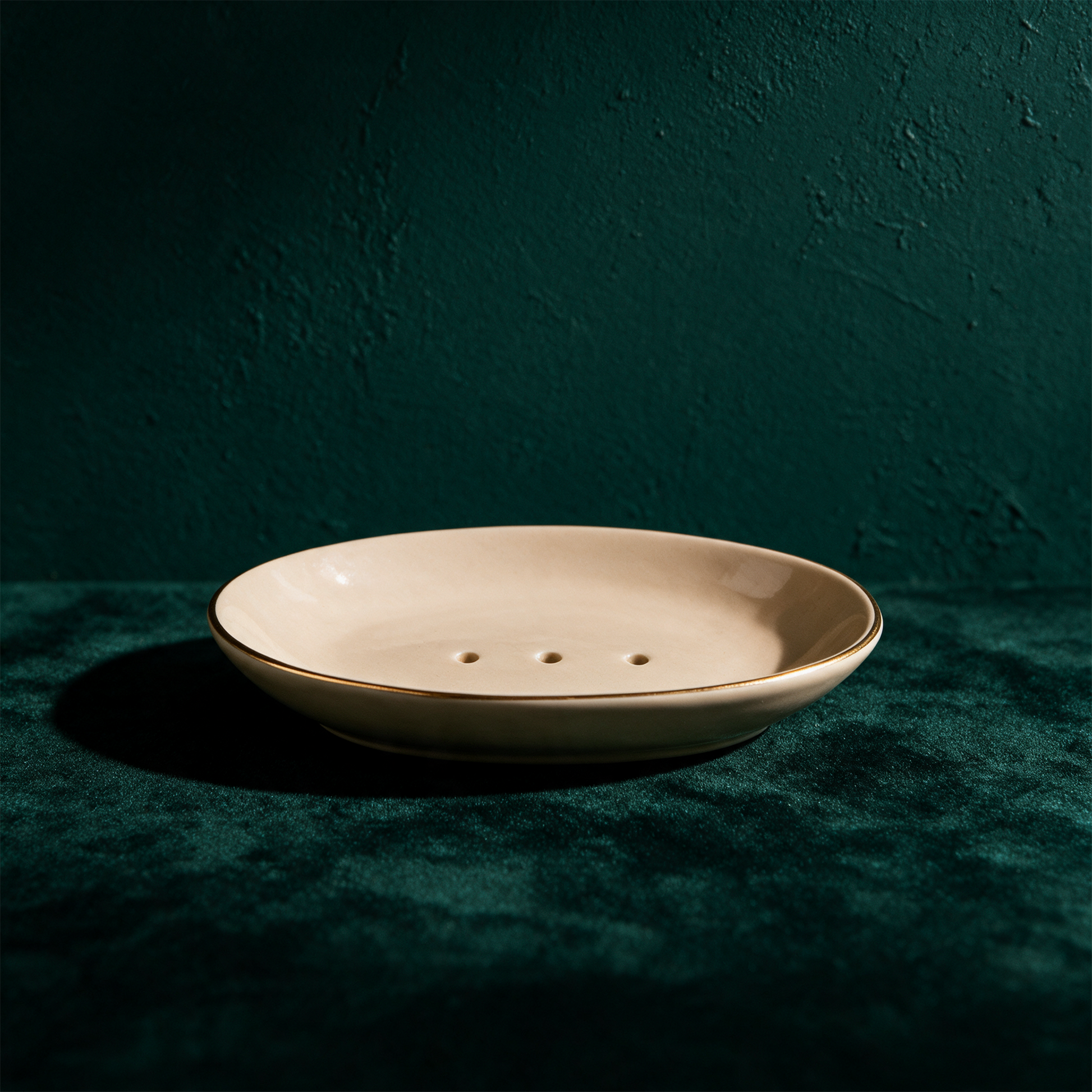 Stimmungsbild: beige Seifenschale mit Goldrand im Badezimmer