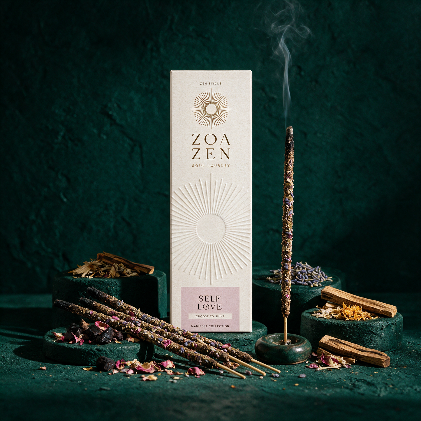 Self Love Zen Sticks | Palo Santo & Myrte Räucherstäbchen – Produktansicht vor tiefem Smaragdgrün