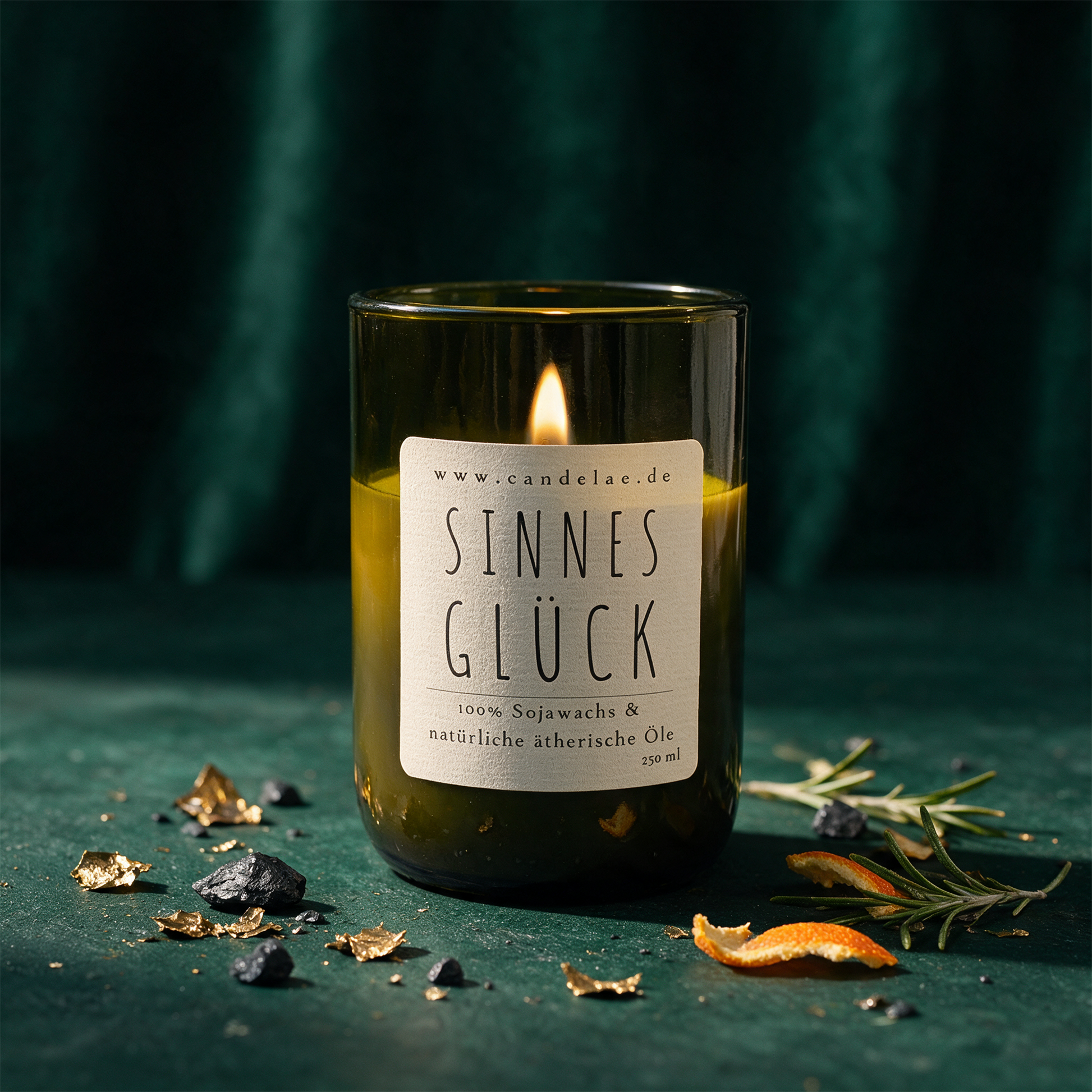 Sinnesglück Duftkerze | Zedernholz, Orange, Rosmarin & Zimt im Weinglas (250 ml) – Produktansicht vor tiefem Smaragdgrün