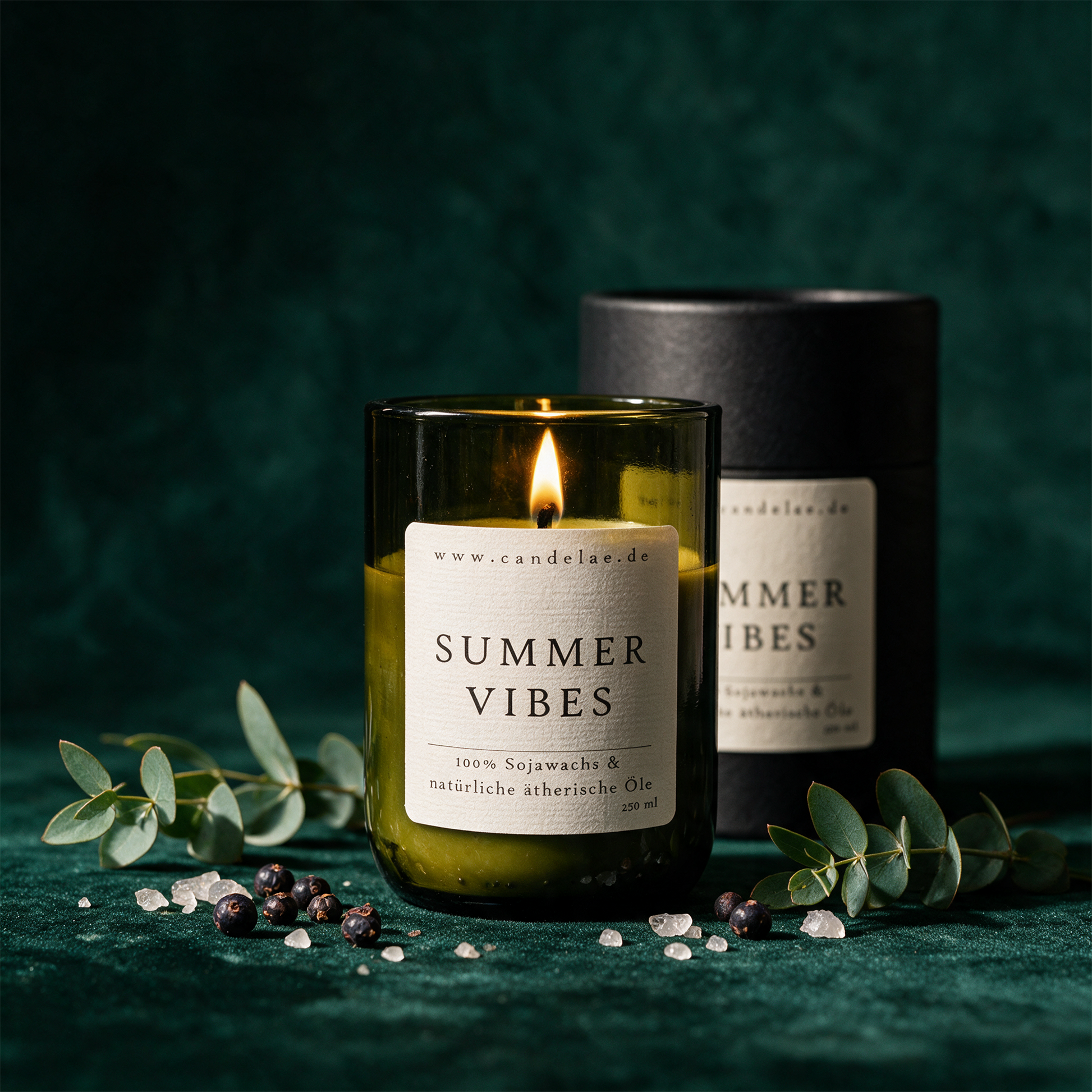 Summer Vibes Duftkerze | Sojawachs-Kerze mit Orange, Wacholder & Eukalyptus – Produktansicht vor tiefem Smaragdgrün
