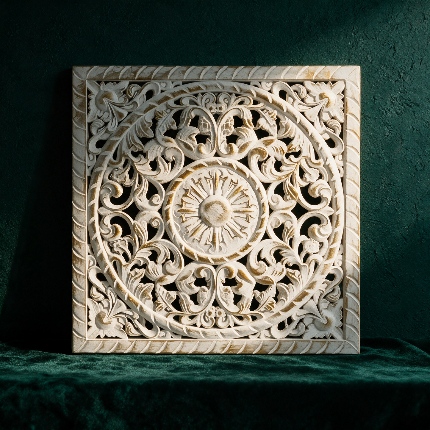 Wandornament weiß-gold im Shabby-Stil vor tiefem Smaragdgrün