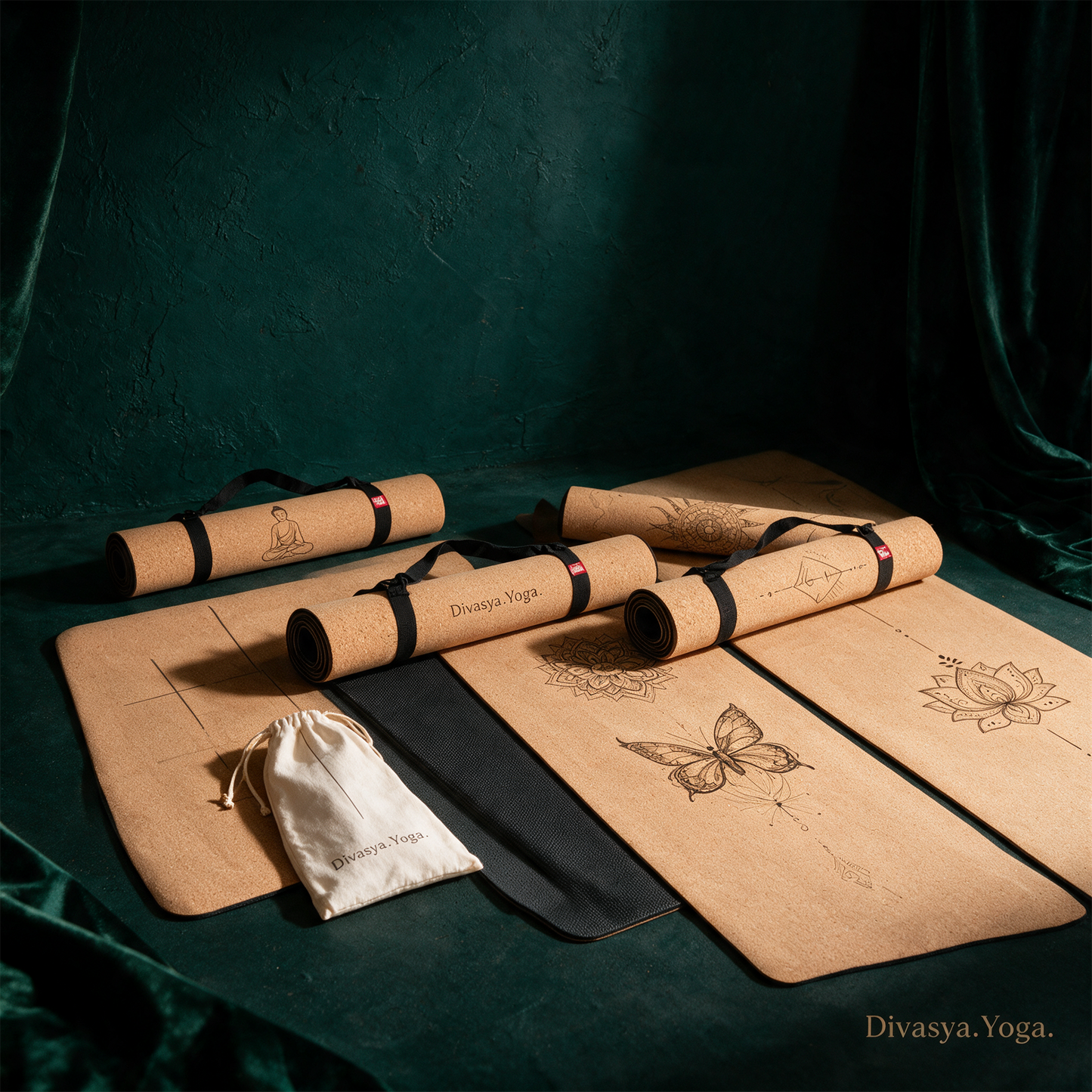 Yogamatte Kork mit Schutzhülle | Portugal-Kork & Naturkautschuk, 8 Designs – Produktansicht vor tiefem Smaragdgrün