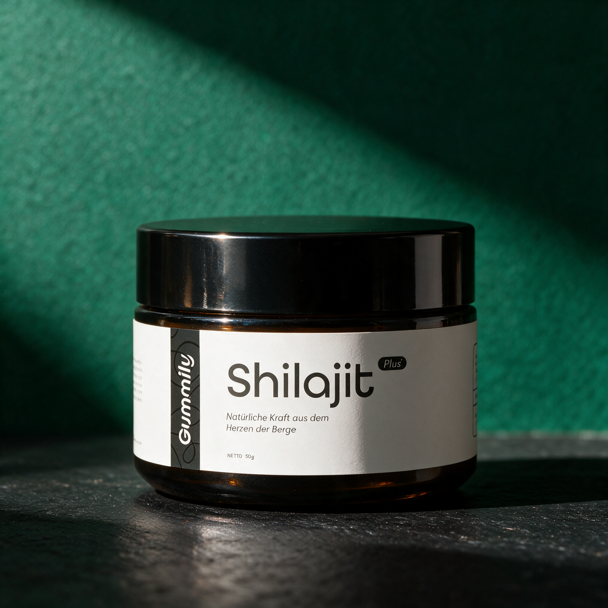 Himalaya Shilajit Paste | 1000 mg gereinigtes Harz pro Portion – reine Produktansicht in der smaragdgrünen Temple-of-Desire-Bildwelt