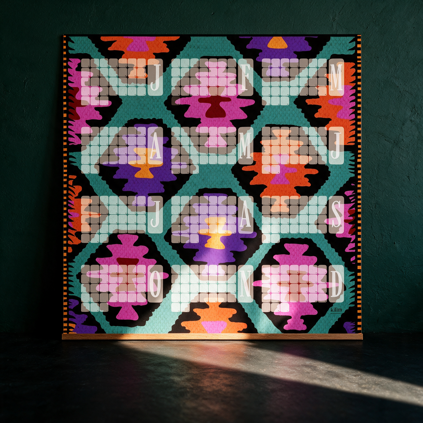 Fine Art Wandkalender Kilim Leo mint | Jahresplaner mit Muster – reine Produktansicht in der smaragdgrünen Temple-of-Desire-Bildwelt