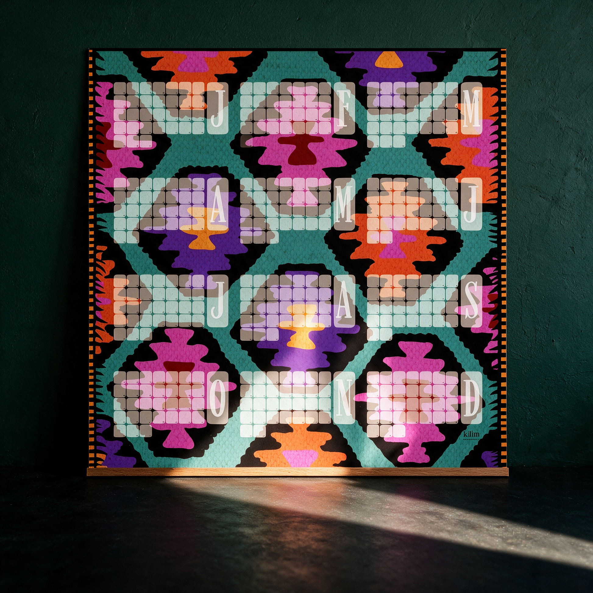 Fine Art Wandkalender Kilim Leo mint | Jahresplaner mit Muster – reine Produktansicht in der smaragdgrünen Temple-of-Desire-Bildwelt