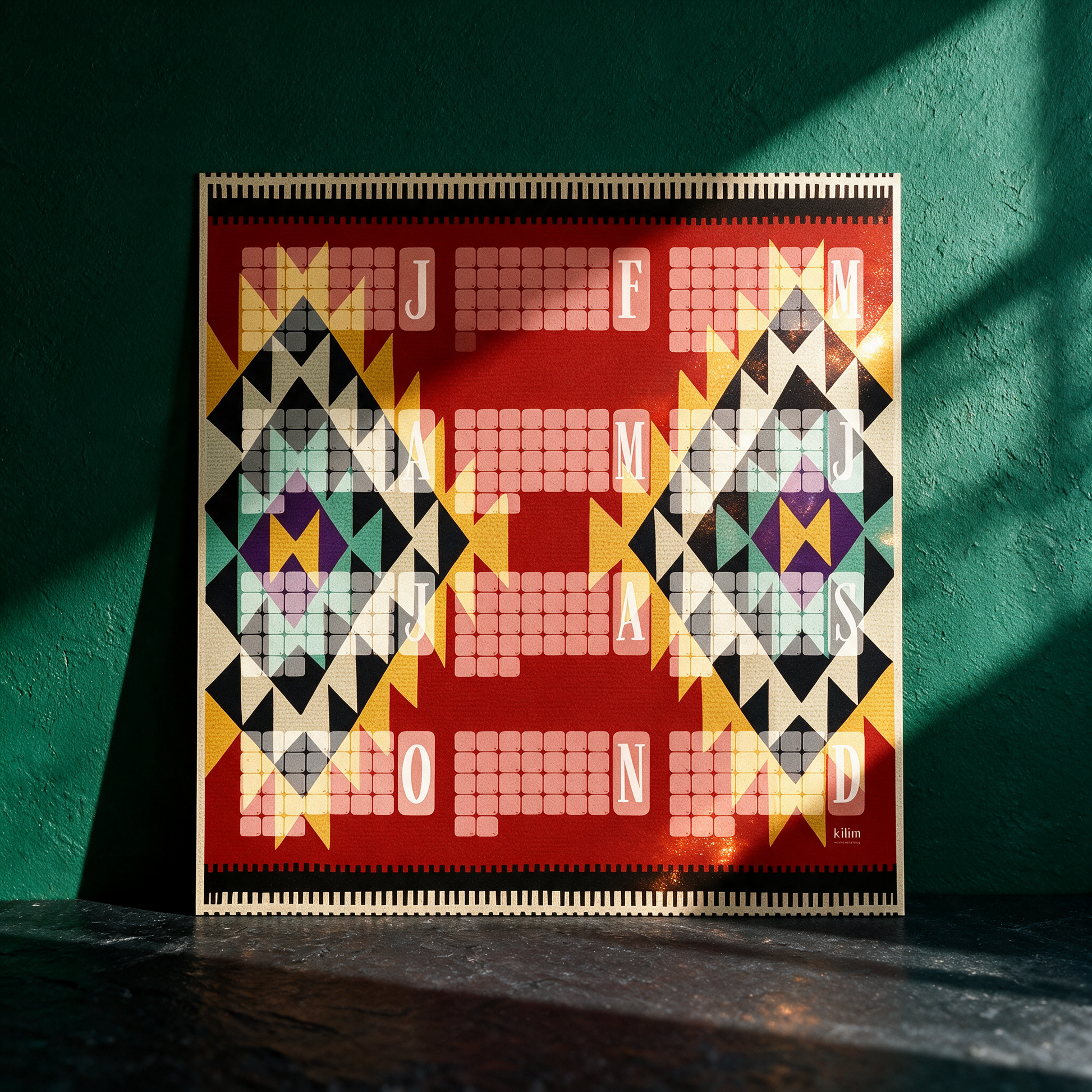 Wandkalender Kilim Peacock rostbraun | Special-Edition-Jahresplaner – reine Produktansicht in der smaragdgrünen Temple-of-Desire-Bildwelt