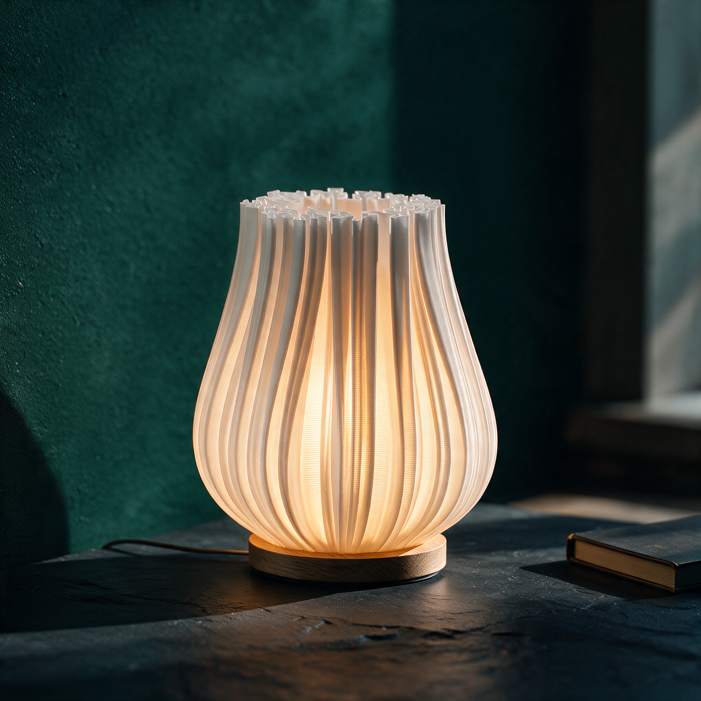 Cora Tischlampe | 3D-Druck & Eichenholz für warmes Lichtspiel – Anwendungsansicht in der smaragdgrünen Temple-of-Desire-Bildwelt