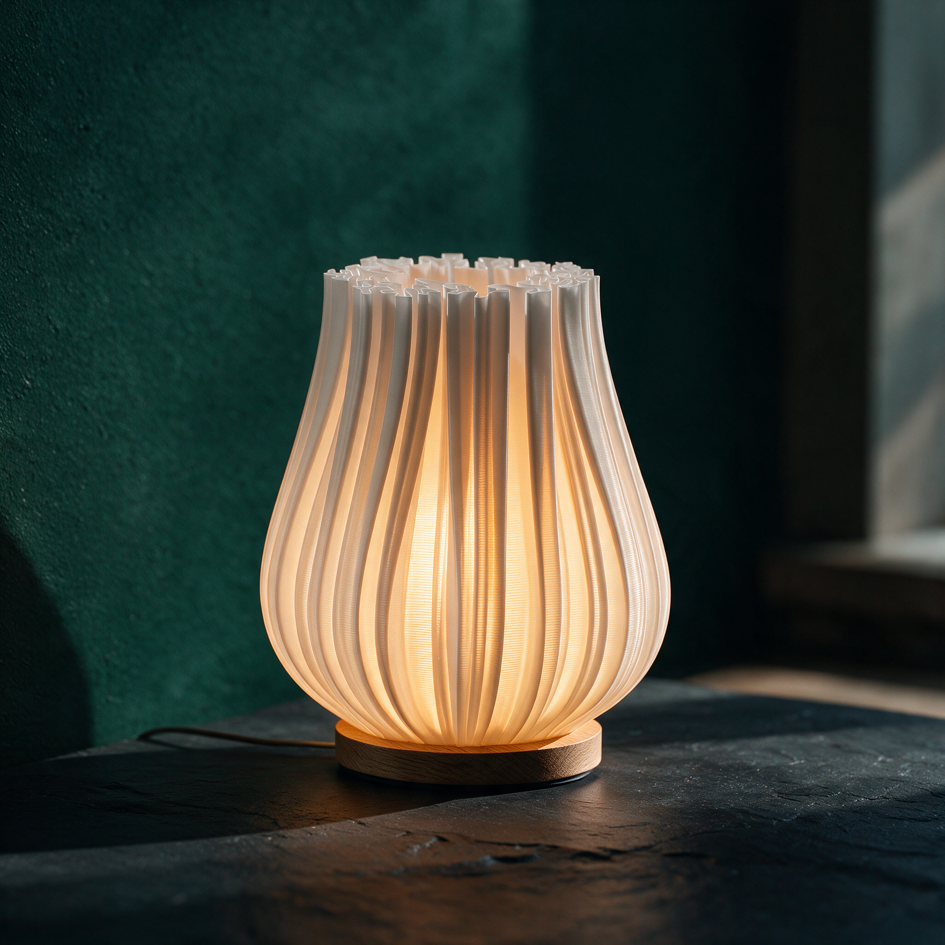 Cora Tischlampe | 3D-Druck & Eichenholz für warmes Lichtspiel – stimmungsvolle Kontextansicht in der smaragdgrünen Temple-of-Desire-Bildwelt