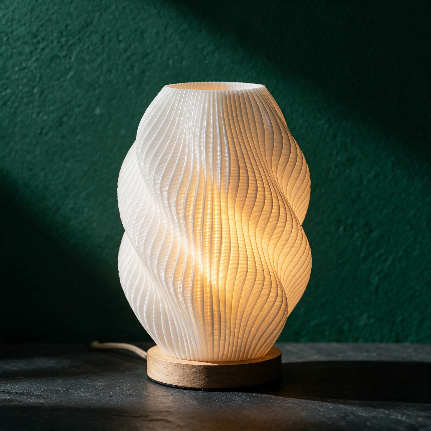 Twuro Tischlampe | Wellen-Lichtkörper für warme Atmosphäre – reine Produktansicht in der smaragdgrünen Temple-of-Desire-Bildwelt