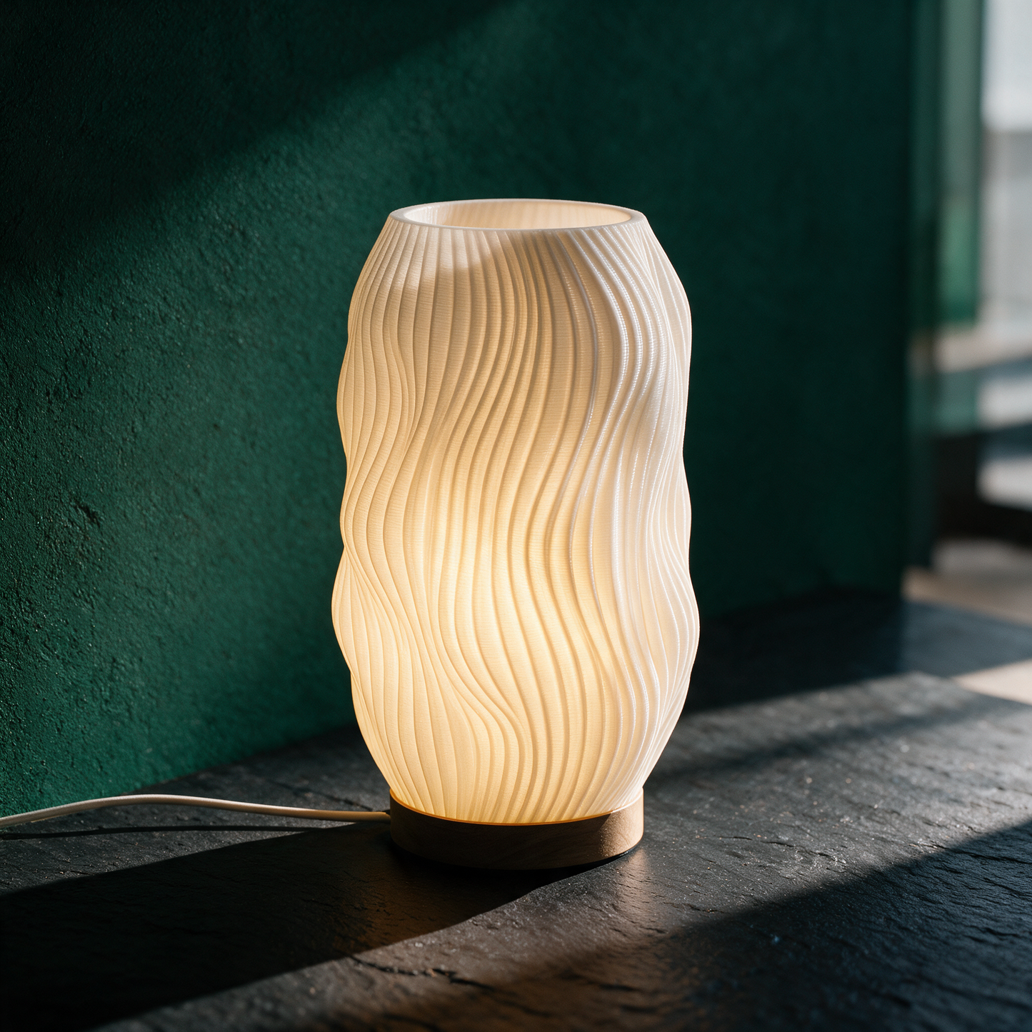 Flow Tischlampe | Wellen-Lichtkörper für gemütliches Ambiente – stimmungsvolle Kontextansicht in der smaragdgrünen Temple-of-Desire-Bildwelt