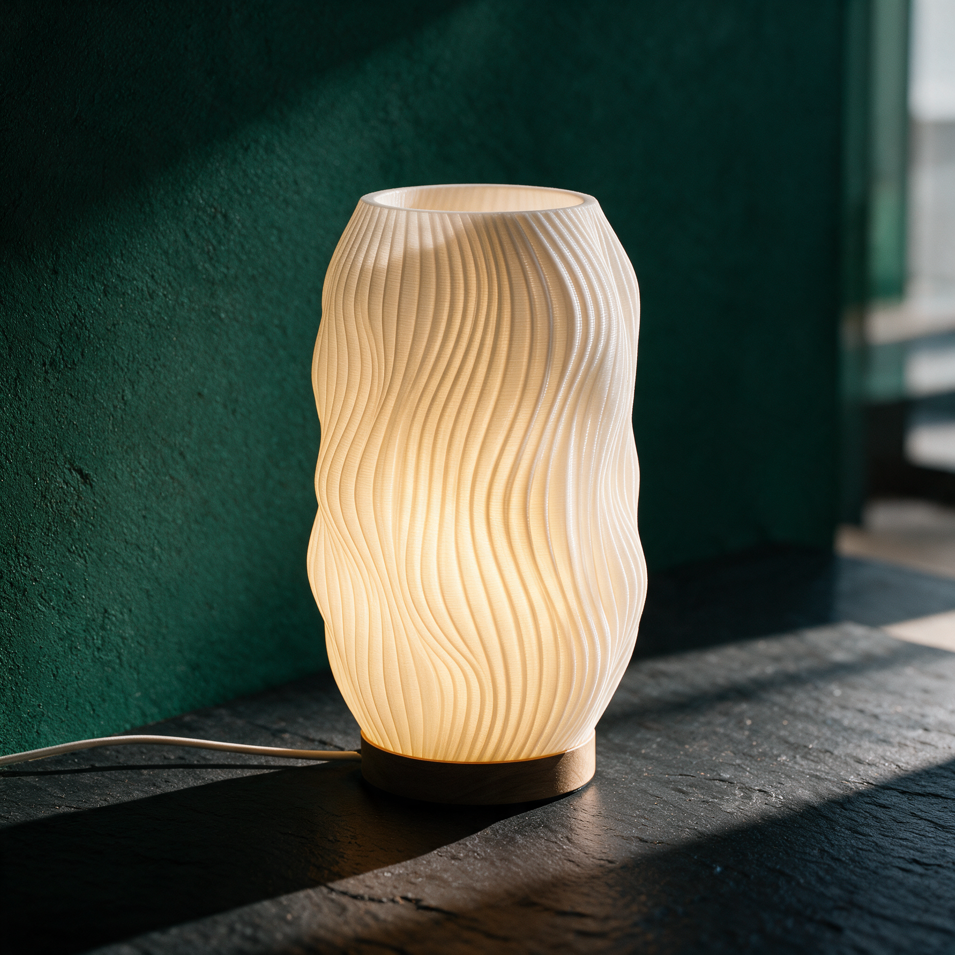 Flow Tischlampe | Wellen-Lichtkörper für gemütliches Ambiente – stimmungsvolle Kontextansicht in der smaragdgrünen Temple-of-Desire-Bildwelt