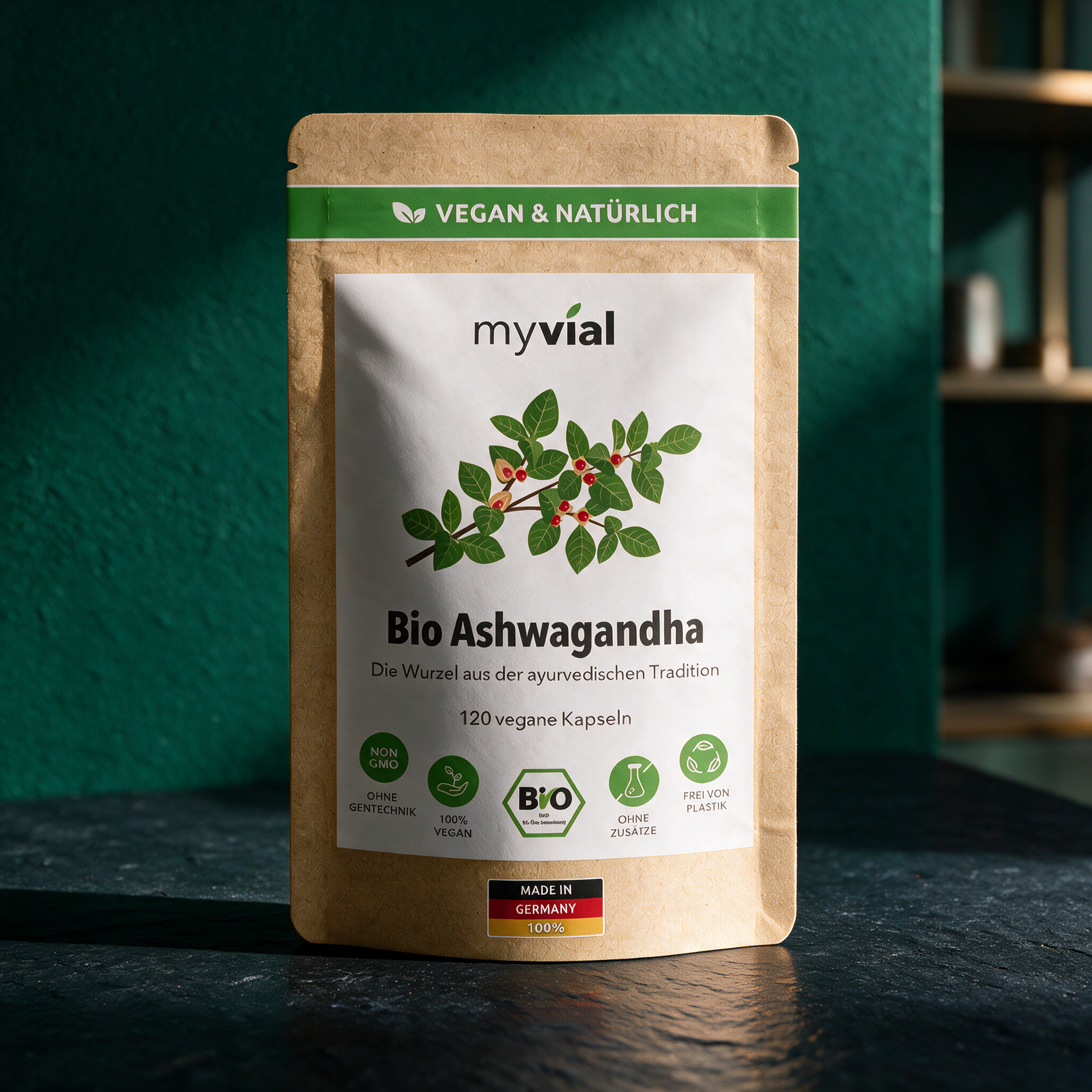 Bio Ashwagandha Kapseln | Adaptogen-Wurzel für Balance & Ruhe – stimmungsvolle Kontextansicht in der smaragdgrünen Temple-of-Desire-Bildwelt